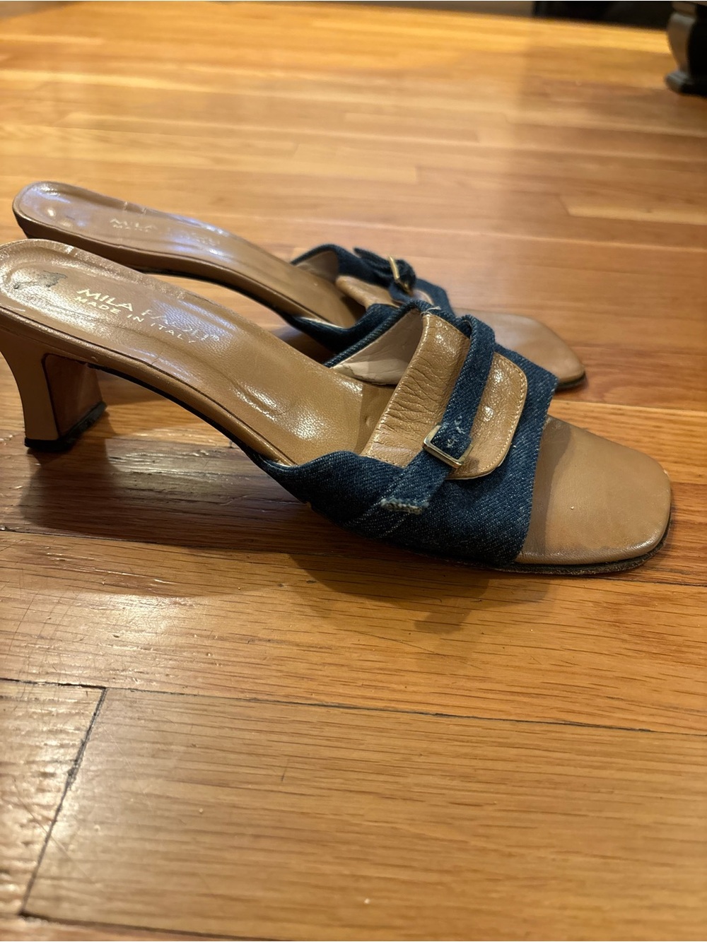 Mila Paoli Blue Denim and Tan Leather Mid-Heel Slides